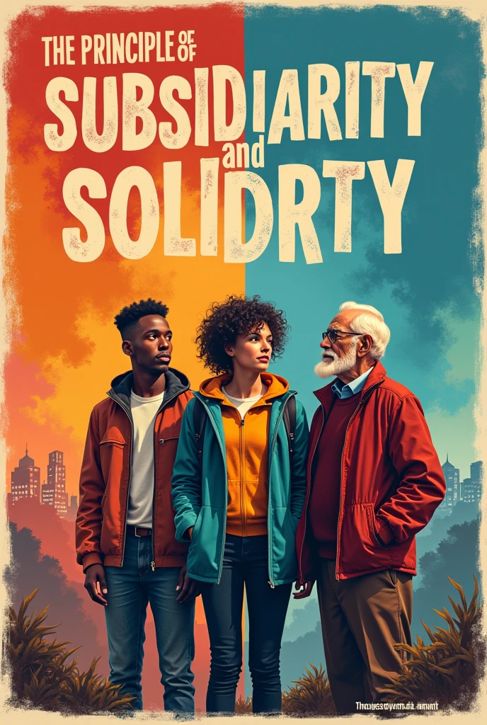 poster slogan for political society, principle of subsidiarity, principle of solidarity with 3 people