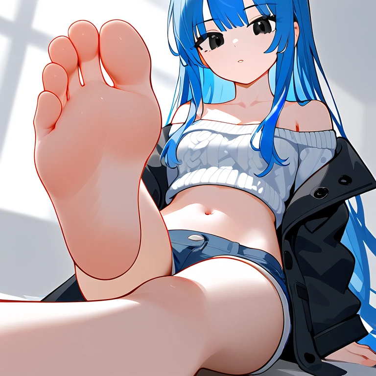 A woman，barefoot，Foot Focus，Blue hair，Long hair，Bangs，Blue unicorn，Navel，White off-the-shoulder sweater，Long sleeve，Show your shoulders，coat off shoulder，Denim shorts，Black eyes，Long hair，Anatomically correct, 
