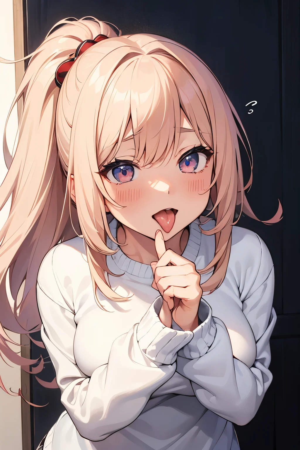 masterpiece,best qualtiy,anime,FellatioGesture,fellatio_gesture,1girl,blush,open_mouth,tongue_out,white sweater,small breast, Half-clenched fist