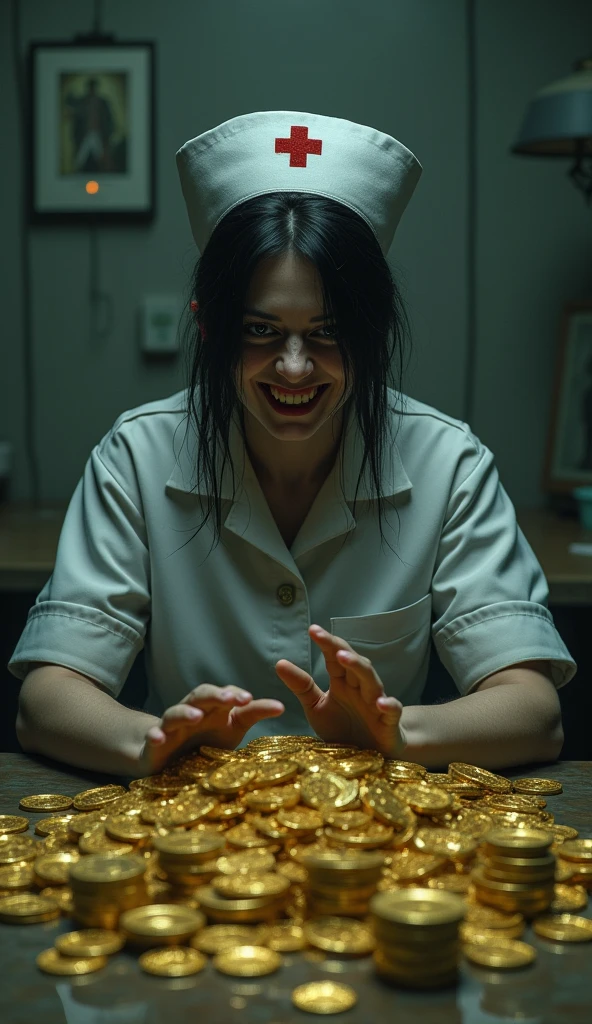 a gloomy nurse with an evil face is sitting at a desk, where there are many gold coins stacked