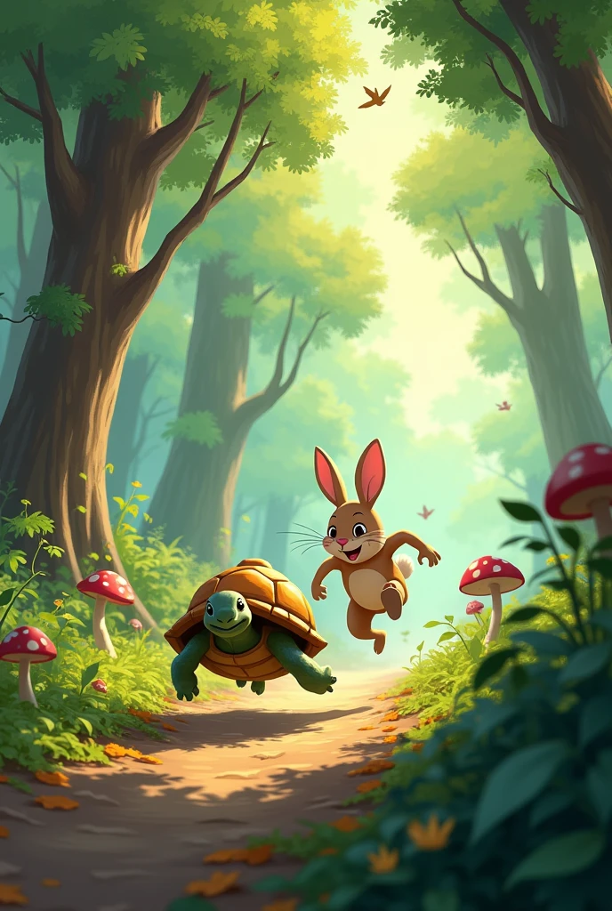 Rumi the rabbit is sprinting through the forest at lightning speed, while Tinu the tertile is far behind, slowly but steadily moving forward."