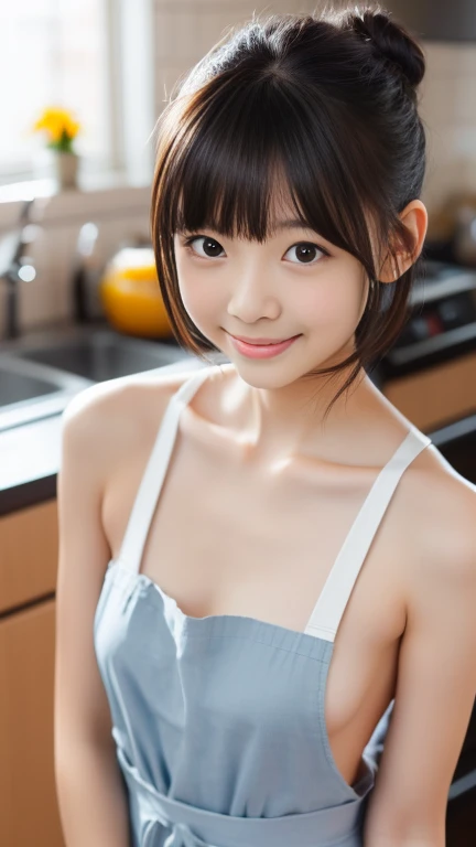 Neat and clean,young girl,Slim body、Photorealsitic、detaileds, shoot from below,Skin Texture, ultra-detailliert、A smile、Super Detailed Face、Detailed lips、A detailed eye、tiny ches,Smaller chest、flat chest、Chest emphasis、Bright face,Shorthair with bangs,hair bun,(wearing a apron over topless),in kitchen