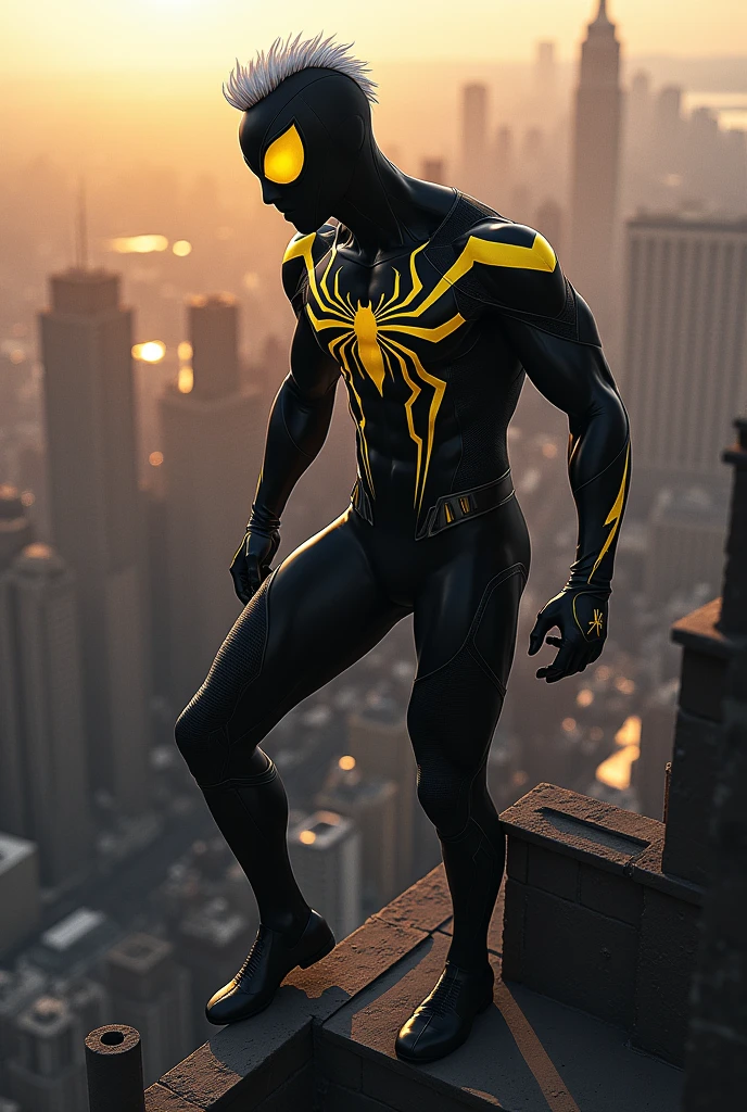 Generate a Spider-Man, but his suit is black with yellow details, on a roof and a city landscape, in the style of Marvel comics, your hair to be white.