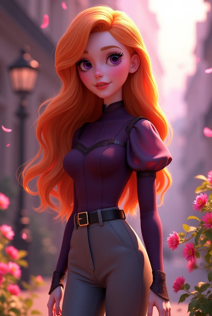 Vanessa is a very beautiful fifteen-year-old girl with snow-white skin, She has long, wavy, bright light orange hair that is usually styled half up with two strands falling down her beautiful face.,She has almond-shaped light purple eyes., her face is heart-shaped and she has a small nose and salmon pink lips, She wears a dark purple long-sleeved shirt that is puffed up around the arms, being a little more transparent there, and around the wrist, being glued with half of the shoulders uncovered., He is wearing elegant grey trousers and black ankle boots..((3D style)) ((Style Miraculous ladybug)).