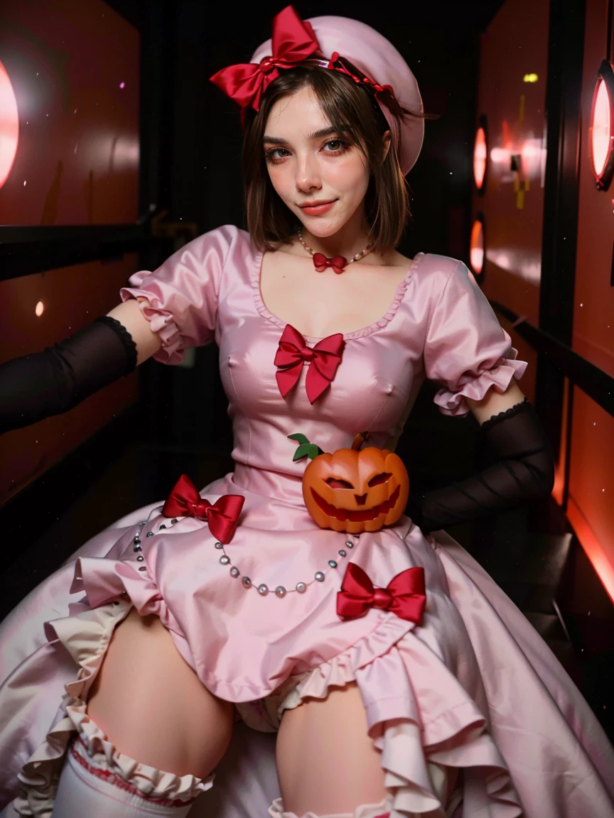 (1 lady), The beautiful, (Best quality at best:1.4), (ultra - detailed), (extremely detailed CG unified 16k), gold blonde hair, very detailed, High-definition RAW color photo, professional photoshooting, amazing face and eyes, cosmetics, (amazingly beautiful girl), ((lambdadelta, taller, tall woman, Bethcast)), ((dress, shoes bow, red shoes, striped stockings, red bow, pink hat, necklace, gloves, pearl, pumpkin brooch, pink dress)), levitating in a cute posture (floating in the air), (She's levitating in a cosmic sea, outer space:1.3, quantum hyperspace room lacking walls, hyperspace chamber, extremely detailed background, a lot of details background, realistic background), (look from above), realistic cinematic face, head to feet long wide zoomed out view, full body long view, photorealistic, ((realistic natural blonde hair style, red eyes)), gorgeous, extremely beautiful face, perfect model beauty, amazingly beautiful smile, her smile is emotive and full of joy, her teeth are visible, Highly Detailed Face and Skin Texture, Detailed Eyes, Double Eyelids, Big Breasts, Persistent Stare, Faith Trance, (mystical stare, looking eternity), (masterpiece), best quality, high resolution, depth of field, cinematic lighting, amazing legs, pink combat boots, clear and well-cared skin