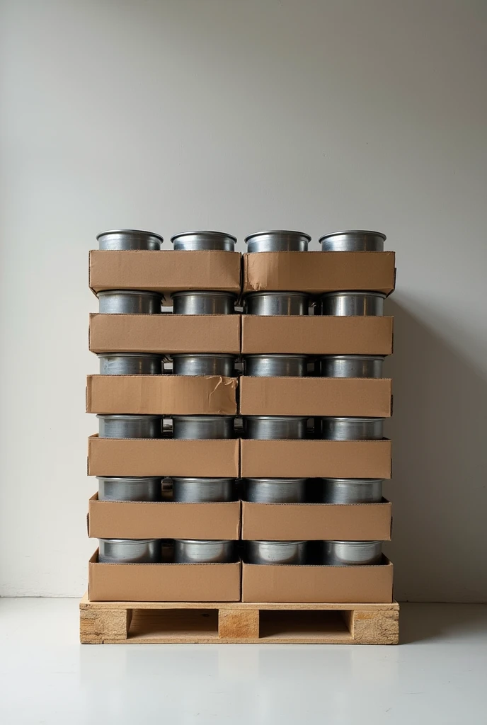 Stacking of 144 cardboard trays with 12 tins on a wooden pallet