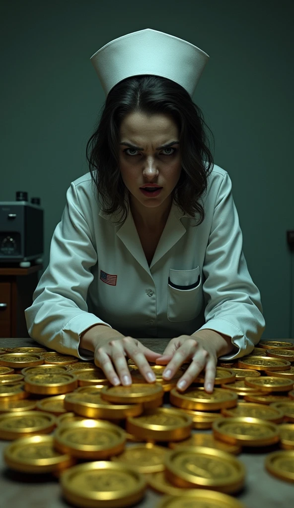 a gloomy nurse with an evil face is sitting at a desk, where there are many gold coins stacked
