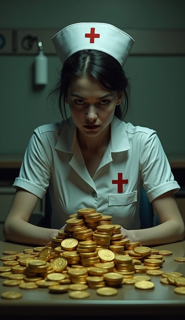 a gloomy nurse with an evil face is sitting at a desk, where there are many gold coins stacked