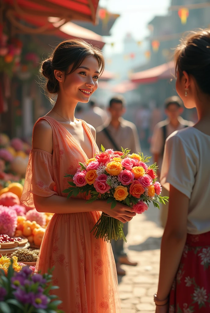Create an image in which a lady is selling some flower to the customer