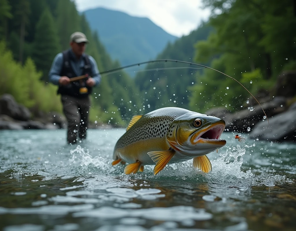 Professional photos, The fly landed on the water, Thrown from a fishing pole, Yamame trout biting from underwater, dynamic motion, Clear Japanese mountain streams, (Fly Fishing), A fisherman can be seen in the background looking towards us., Bend the fly rod in your hand, Staring intently at the fish, BREAK The moment the fish bites the fly, and…