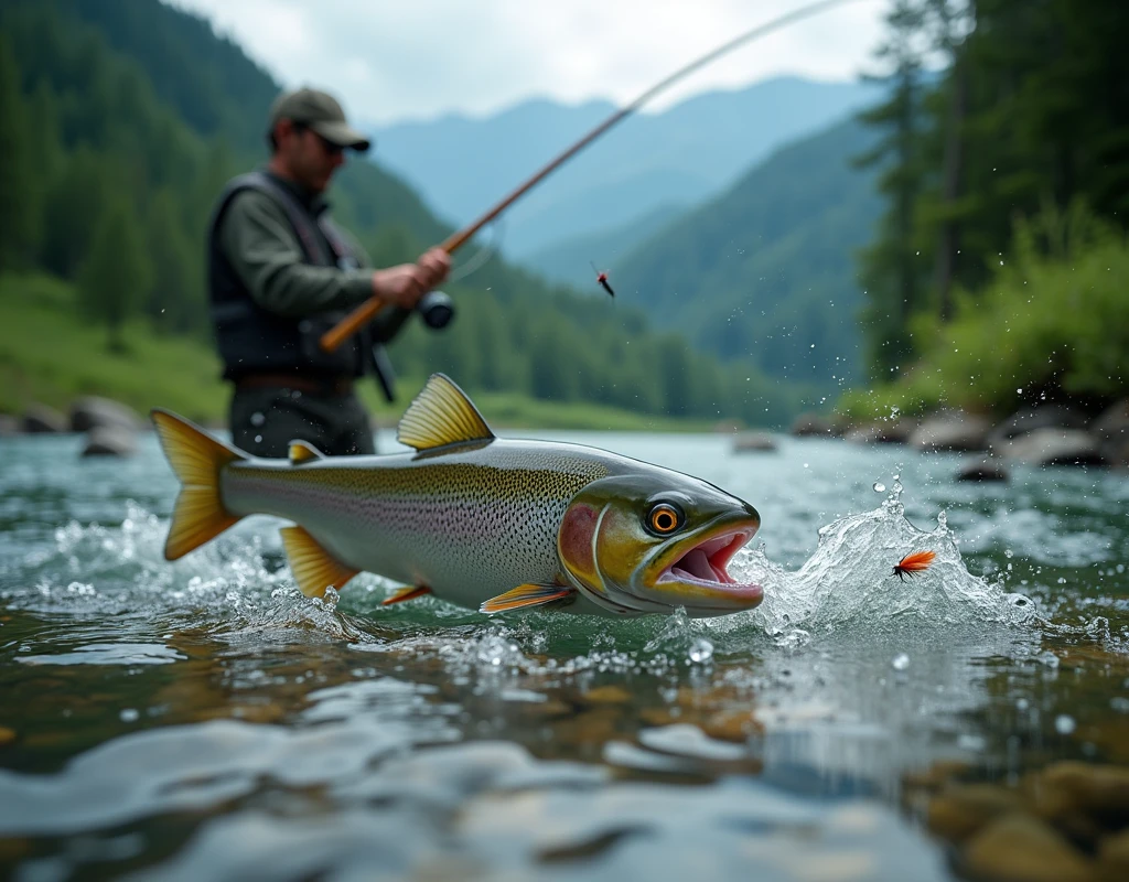 Professional photos, The fly landed on the water, Thrown from a fishing pole, Yamame trout biting from underwater, dynamic motion, Clear Japanese mountain streams, (Fly Fishing), A fisherman can be seen in the background looking towards us., Bend the fly rod in your hand, Staring intently at the fish, BREAK The moment the fish bites the fly, and…