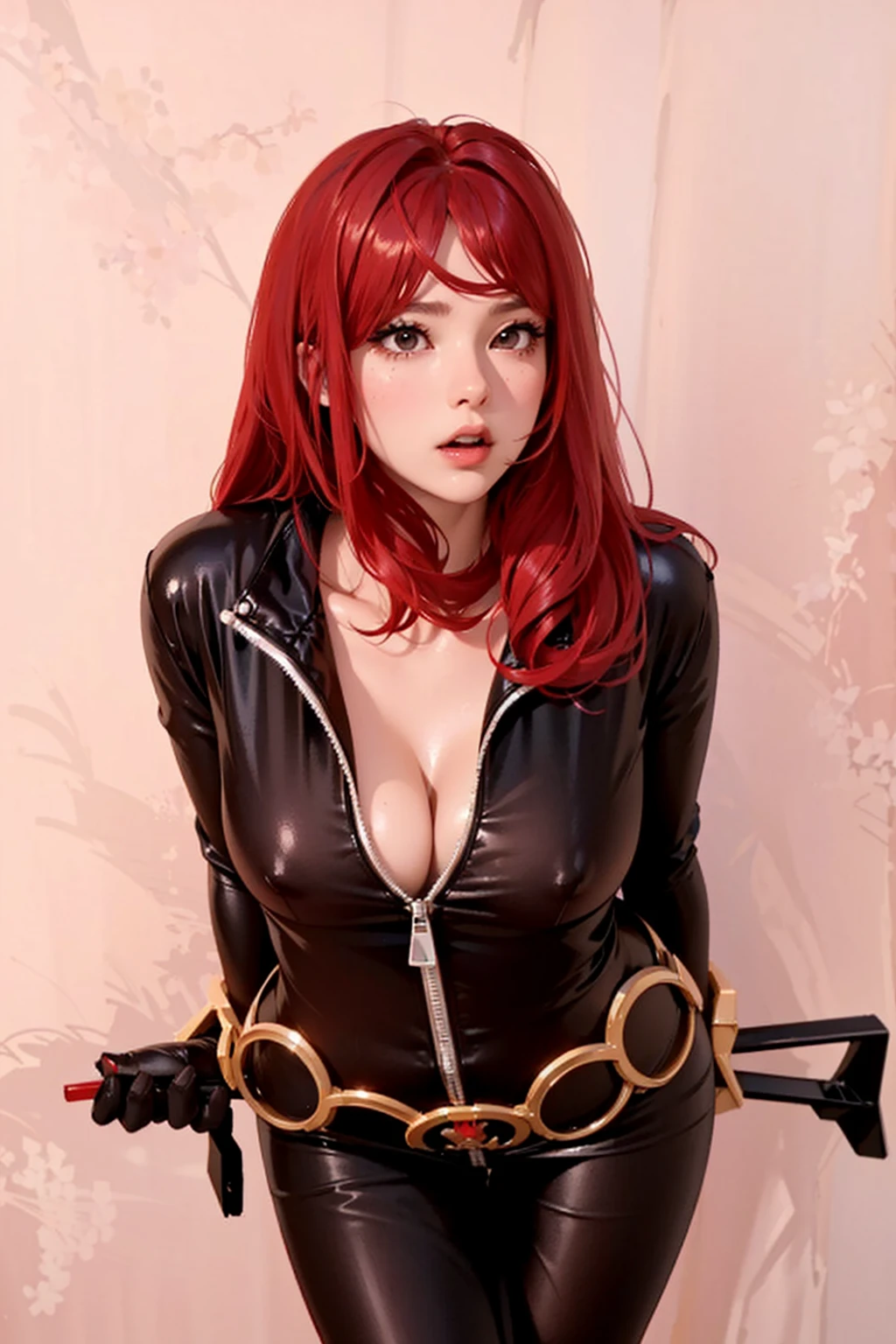 The image depicts a girl with bright red hair dressed in a sleek skin-tight shiny black latex bodysuit with a deep-cut zipper neckline revealing a large chest, the silver zipper running down the front. The suit is complemented by a belt of shiny golden circles around her waist. She is holding a rifle gun behind herself. Her fair complexion and well-toned body contribute to the faithful representation of the character she is emulating. She appears confident, embodying the characteristics of the skilled and self-reliant superheroine she is portraying. T