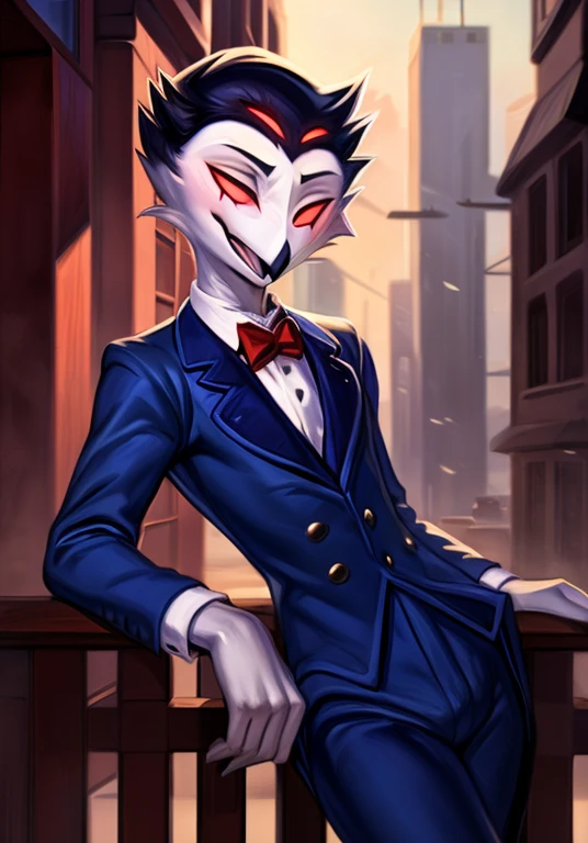 por zackary911,by Chunie,(by place:1.2),by kiyosan,by sigma,((masterpiece)), ((8K quality)), (without watermark), stolas, male, SFW, upright posture, leaning on a railing, Closed mouth, standing, perfect red formal suit, another hand at his side, (Alone:1.4), pulcro, bright, male body, ((Slim body)), showy, vibrant colors,  perfect lighting, perfect shadows, Perfect eyes, perfect face, ((victorian city background)), evening, Global light, (decolaed background, depth of field), (4k, 2k, shading, absurd resolution), perfectly centered image
