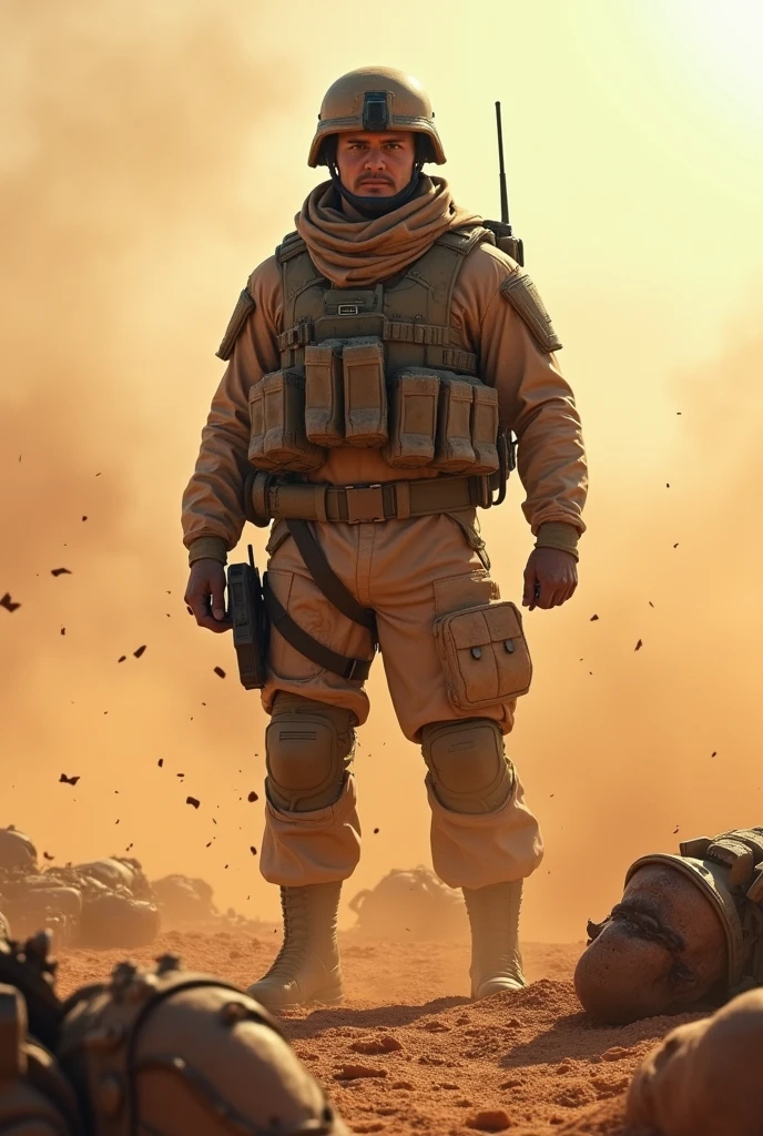 A soldier victorious in a war in the desert (Several fallen soldiers around). Let it be video game style. 
