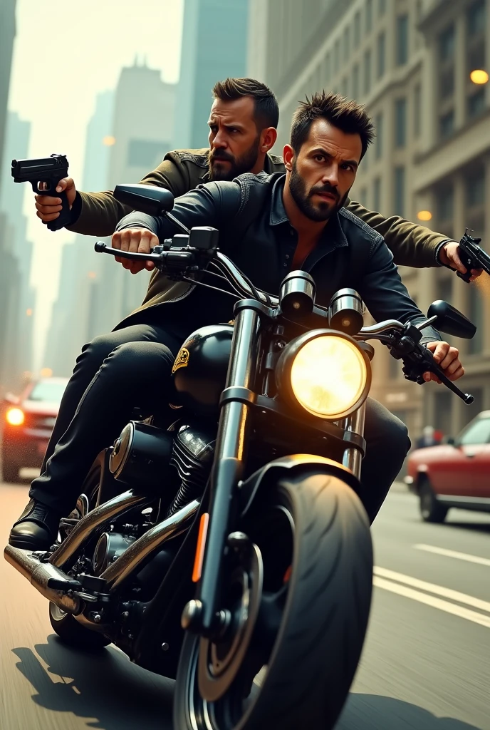 Two Male in one incredible black bike a person of back of the bike having gun with short dark hair and beard chasing car realistic