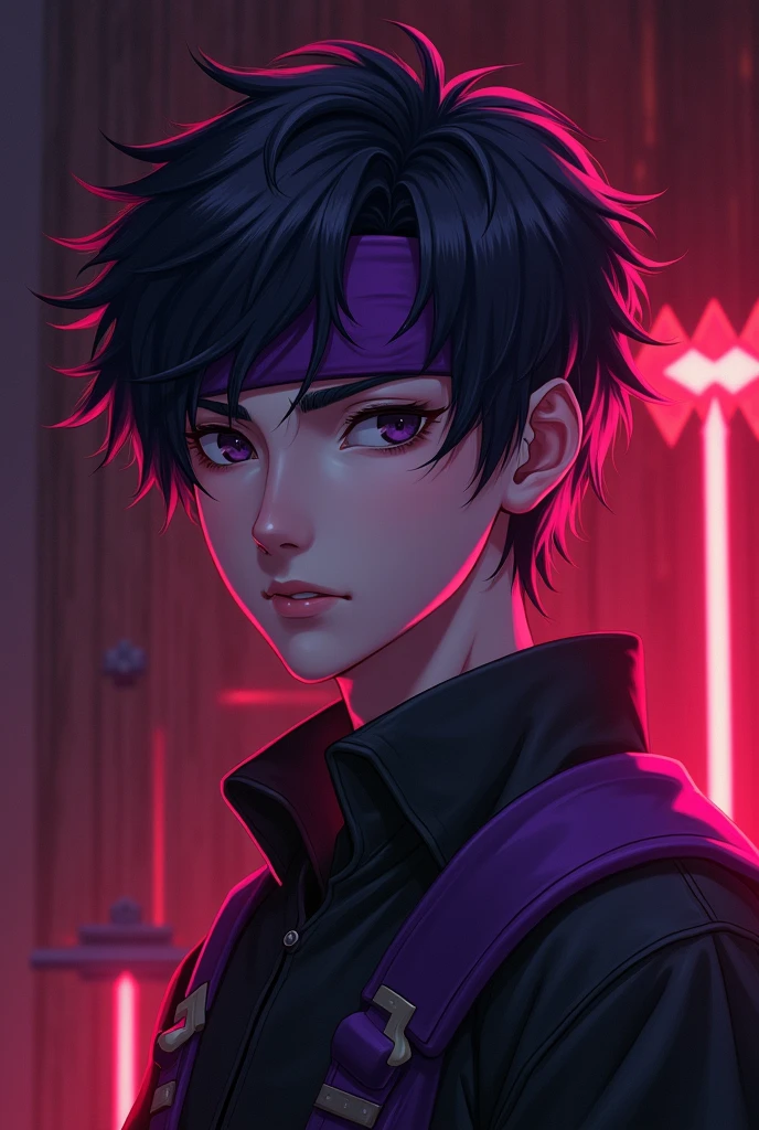 a young anime boy with purple headband, deadly aura, hyperrealistic, detailed face, beautiful eyes, striking expression, dark clothing, mysterious background, cinematic lighting, dramatic shadows, digital painting, concept art style, vibrant colors, moody atmosphere, fantasy theme. age must be like 25 and there must be a minecraft diamond axe in the back also make the background theme red . charecter must not be realistic where is the axe. axe must be visible. it must be aminecraft axe. it must be visible