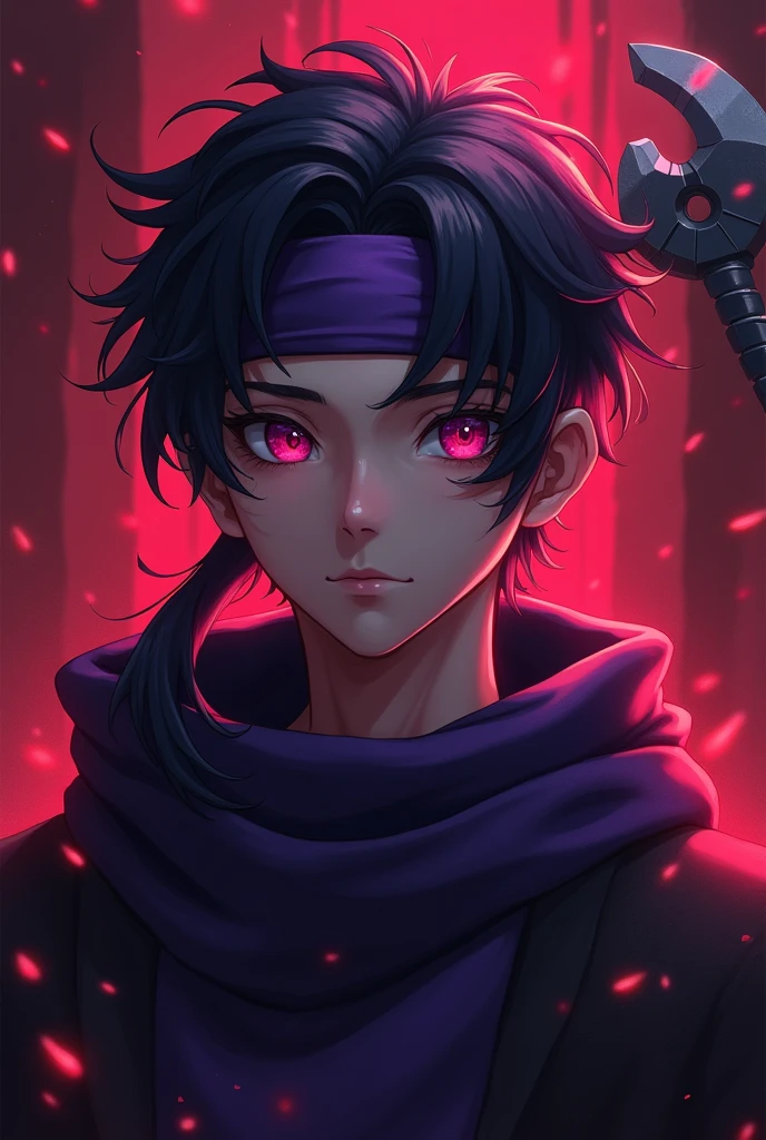 a young anime boy with purple headband, deadly aura, hyperrealistic, detailed face, beautiful eyes, striking expression, dark clothing, mysterious background, cinematic lighting, dramatic shadows, digital painting, concept art style, vibrant colors, moody atmosphere, fantasy theme. age must be like 25 and there must be a minecraft diamond axe in the back also make the background theme red . charecter must not be realistic where is the axe. axe must be visible. it must be aminecraft axe. it must be visible
