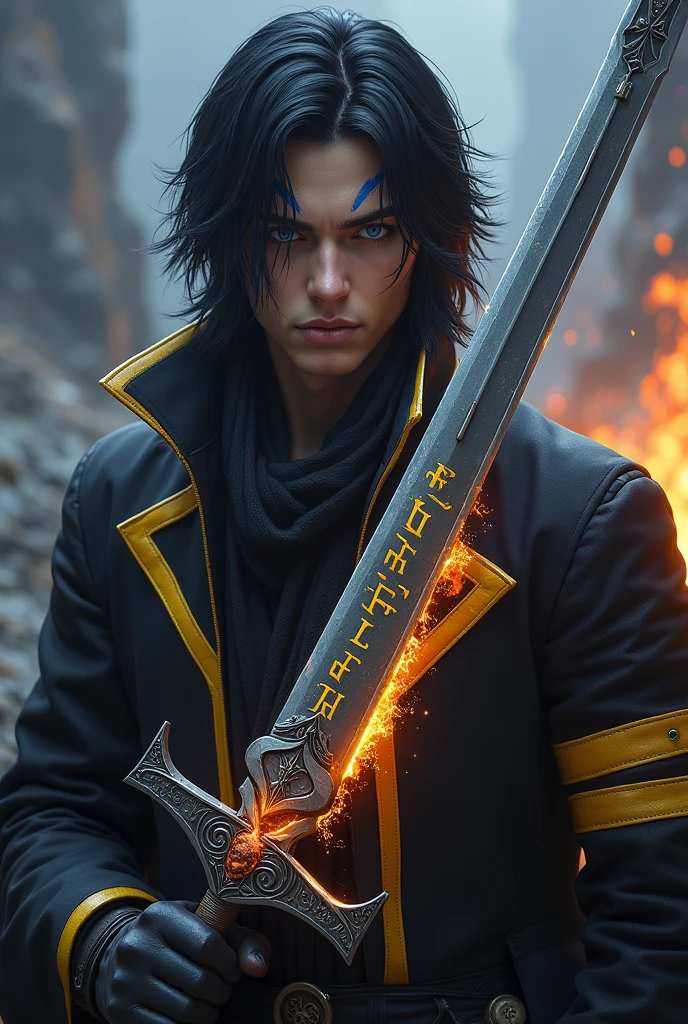 A 2 man, with medium black hair, with blue eyes with blue stripes near the eyes forming a line, with a black overcoat with yellow stripes, with a thin long sword, with a volcano heart inside the blade, but the blade is gray and has Helsen written in yellow on the blade, RPG style.