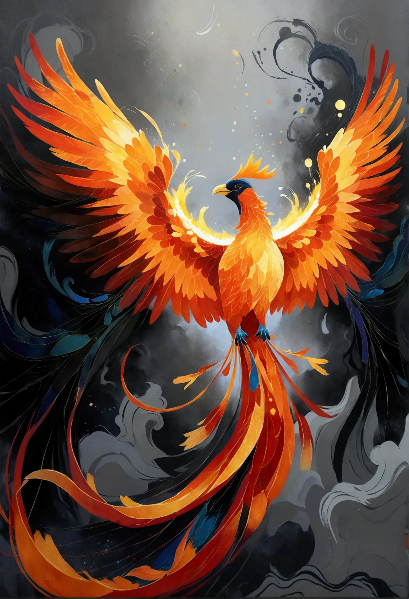 Imagine an awe-inspiring depiction of a vibrant and fiery phoenix, its wings spread wide, brilliantly rising from a picturesque pile of gray ashes that contrast starkly against its glowing plumage. The phoenix emanates an aura of power, renewal, and hope, its form characterized by abstract shapes and patterns. The backdrop to this scene is a minimalistic expanse to focus all attention on this pivotal moment of rebirth, symbolizing resilience and the cyclical nature of existence. The scene should feel powerful, dramatic, and emotionally resonant.