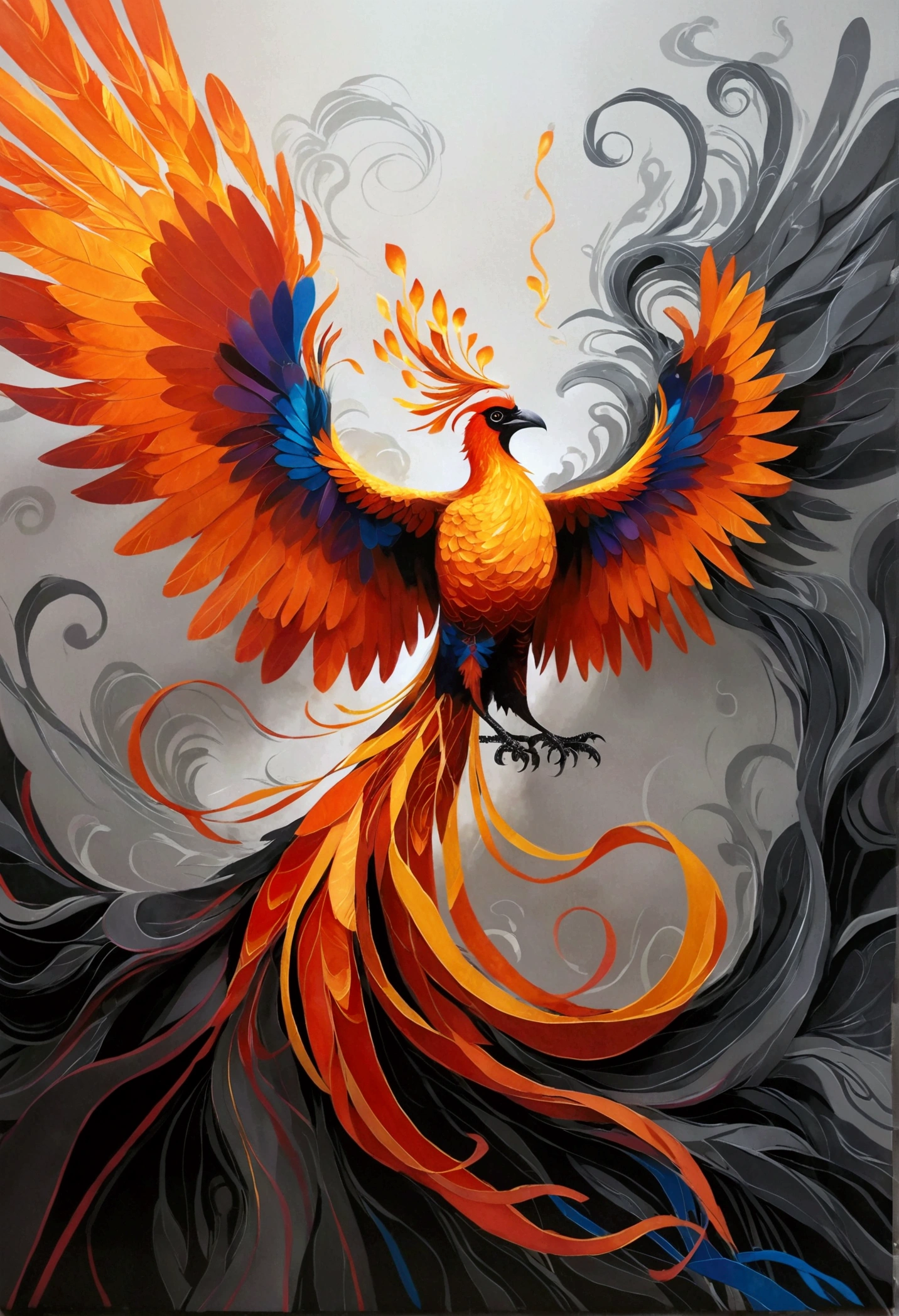 Imagine an awe-inspiring depiction of a vibrant and fiery phoenix, its wings spread wide, brilliantly rising from a picturesque pile of gray ashes that contrast starkly against its glowing plumage. The phoenix emanates an aura of power, renewal, and hope, its form characterized by abstract shapes and patterns. The backdrop to this scene is a minimalistic expanse to focus all attention on this pivotal moment of rebirth, symbolizing resilience and the cyclical nature of existence. The scene should feel powerful, dramatic, and emotionally resonant.