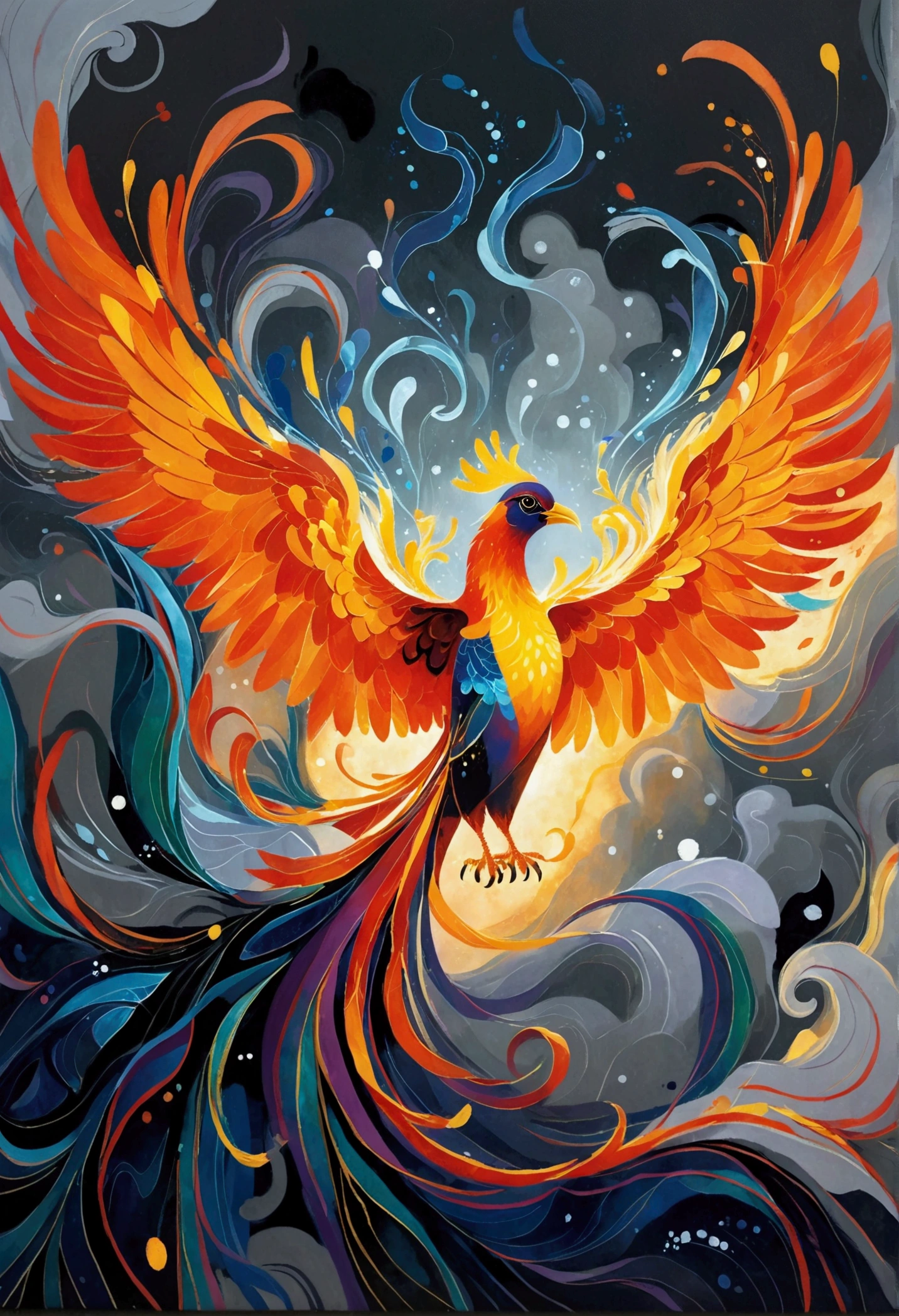 Imagine an awe-inspiring depiction of a vibrant and fiery phoenix, its wings spread wide, brilliantly rising from a picturesque pile of gray ashes that contrast starkly against its glowing plumage. The phoenix emanates an aura of power, renewal, and hope, its form characterized by abstract shapes and patterns. The backdrop to this scene is a minimalistic expanse to focus all attention on this pivotal moment of rebirth, symbolizing resilience and the cyclical nature of existence. The scene should feel powerful, dramatic, and emotionally resonant.