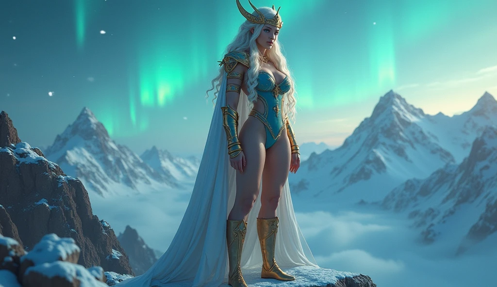 BOMBSHELL BLONDE WOMAN, WARRIOR FEMALE, VERY PALE SKIN, SKIN BLUE EYES, HIGH CHEEKBONES, ROSY CHEEKS, MENTAL FORAMEN, GOLD TIARA, HUGE LONG HAIR, DOUBLE BRAID HAIR, VOLUMOUS HAIR, BLUE AND GOLD LEOTARD ARMOUR, BLUE AND GOLD ARMOUR, GOLD GAUNTLETS, STRONG CURVY BODY, MUSCLES, GORGEOUS EXPOSED THIGHS, DETAILED QUADRICEPS, MUSCLES, GOLD FLAT BOOTS, STAND UP ON A HIGH MOUNTAINS ROCK, , SIDE BODY VIEW, NORTHERN LIGHTS, NORTH POLE, SNOW, HIGH MOUNTAINS, SNOWING, NIGHT SKY, ACCURATE IMAGE, MASTERPIECE.