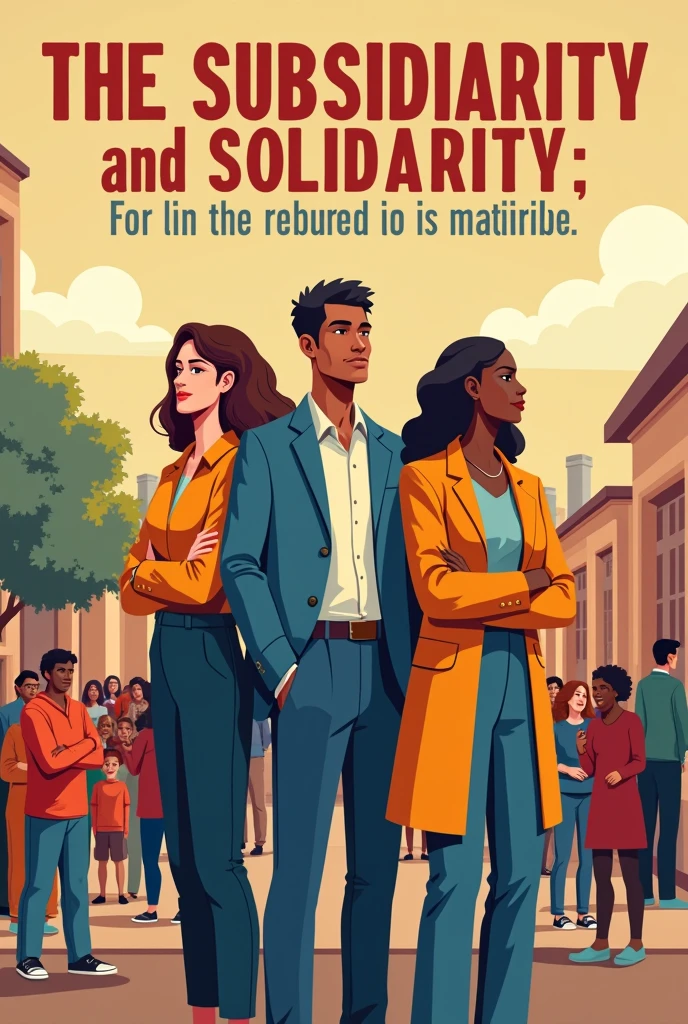 poster slogan for political society, principle of subsidiarity, principle of solidarity with 3 person who is political, solidarity, subsidiarity