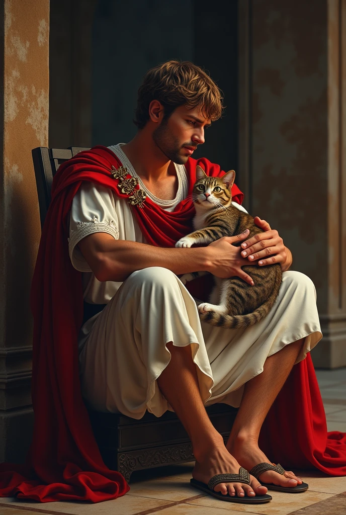 hold cat , looking cat, 1 male , Roman Emperor Tiberius, 4 BC, He is 38years old, (Light brown hair, Short Hair, permanent hair, Brown eyes, Severe) , (wearing White an ancient Roman imperial ionic tunic:1.5), (Red Cloak put on shoulder:1.3), (Put a red cape over your shoulders:1.3), Sandals, At the Palace), Island of Rhodes palace, Sit down, night, Textured skin , HI Detail Skin, (Shorthand, Canon, 8k, Anatomically correct, Super Detail, Attention to detail, Your Highness,