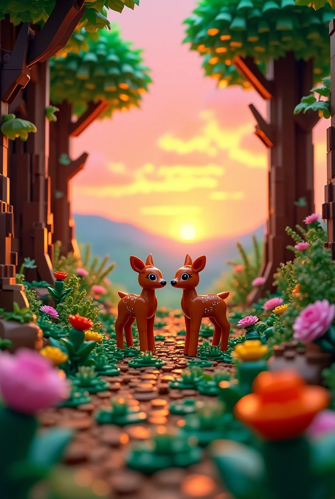 A lego forest with extensive vegetation and colorful and varied flowers with deer in the center and a sunset climate