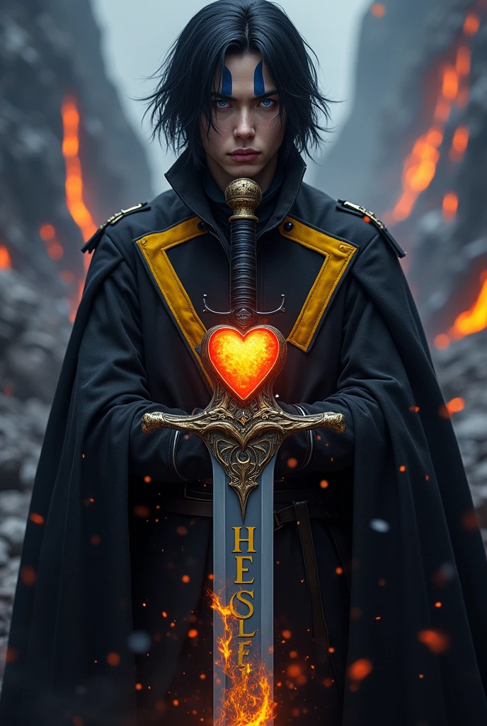 A 2 man, with medium black hair, with blue eyes with blue stripes near the eyes forming a line, with a black overcoat with yellow stripes, with a thin long sword, with a volcano heart inside the blade, but the blade is gray and has Helsen written in yellow on the blade, RPG style.