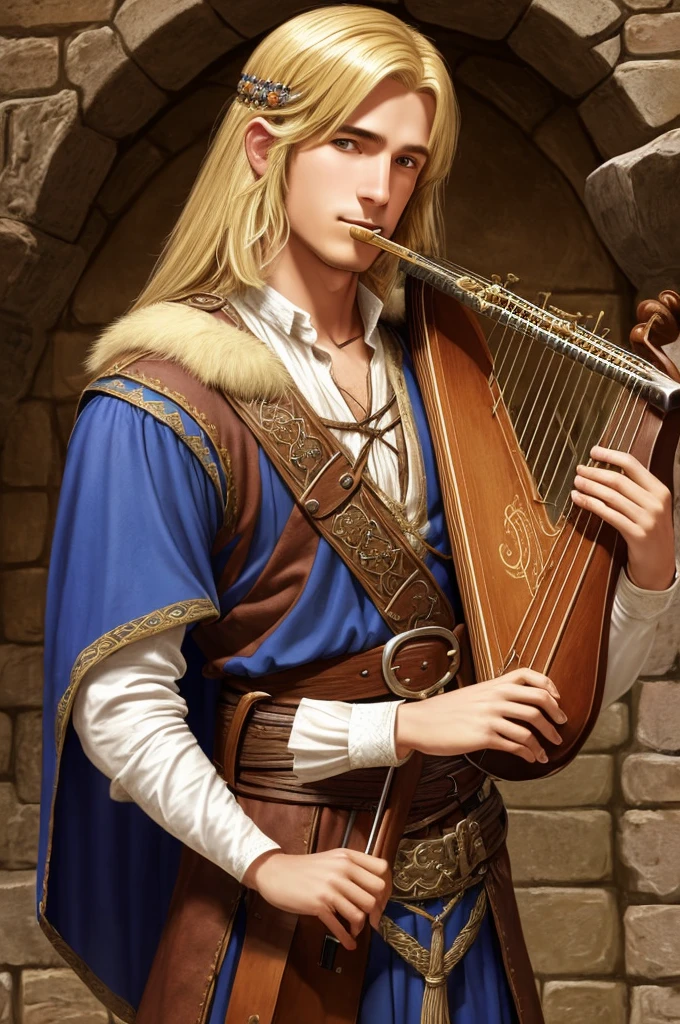 (medieval bard character), short young man of 1.50, fur (clear color), hair (straight blonde) with medium cola, belt with (pan flute), (mouth harp), lute tied on the back, dressed in (medieval bard costume), style (dungeons and dragons)