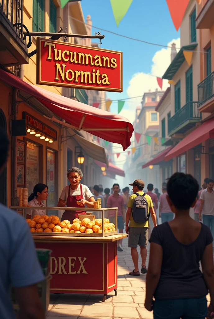 empanada sales stand with a sign "TUCUMANS NORMITA" in the middle of the street with lots of people diners and an older saleswoman
