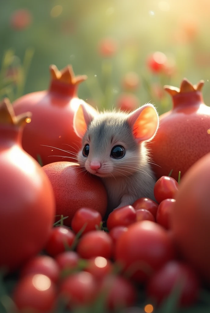 pomegranates、Small mouse、The background is light green、Sparkle Effect, Background blur, たくさんのpomegranatesに埋もれたネズミ、animal