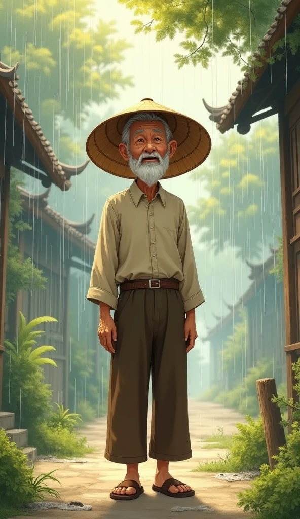 Mr. Tu is a tall and thin man., silver hair, beard and usually wear conical hat. He wears an old shirt., brown pants and slippers, walk slowly but always appear cheerful and gentle.standing in the sun, rain shower in the sun."