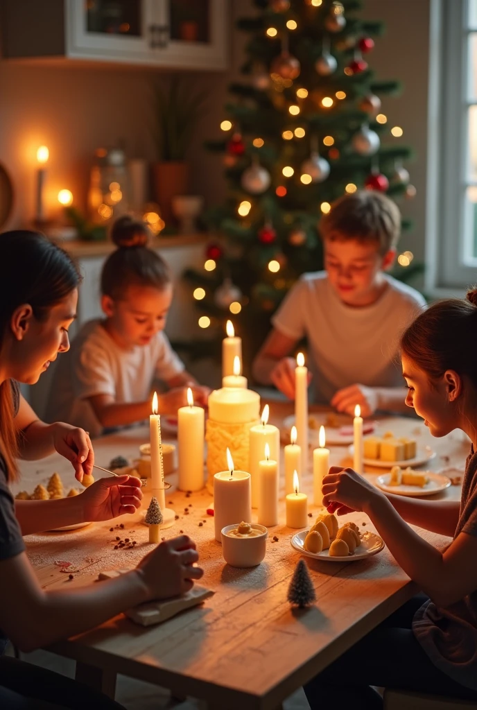 Realistic 4k image of how they make candles with Christmas decorations at home,along with molds. Several people making them