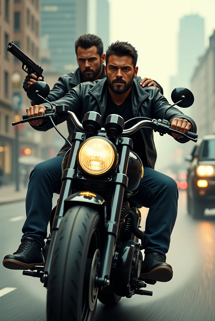 Two Male in one incredible black bike a person of back of the bike having gun  with short dark hair and beard chasing car  realistic 