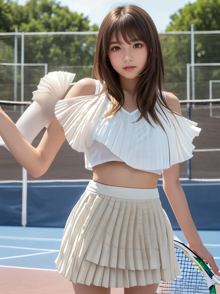 masterpiece, Highest quality,Very detailed,High resolution,(Realistic, photoRealistic:1.37),Excellent anatomy,1 girl,(height: 152 cm),1 person,Cowboy Shot,Front view,Tennis Girl,Very beautiful face,Cute type,A small smile,Big Natural Color Lip,Big and beautiful eyes,Brown eyes,Obvious double,Small and cute nose,Soft light brown long hair,Asymmetrical bangs,Floating Hair NovaFrog Style,((White tennis wear)),(((White ultra-short pleated mini skirt:1.5))),((Tennis court:1.3)),Soft Light,RAW quality,Soft Skin,(Glowing Skin,Sweaty:1.4),Beautiful Hands,Five strong fingers,Beautiful feet,Voluptuous thighs,Plump body,Huge breasts,(Expresses the roundness and softness of the chest area.........1),Beautiful body,(The perfect woman),((Skirt flip:1.5)),((fine:1.5)),((Provocative dynamic pose:1.5))