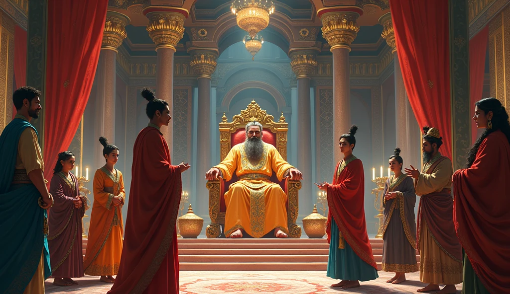 The royal family of Gandhara stands in a grand palace hall. King Subala is seated on a throne, looking wise and authoritative. To his right stands young Shakuni, a determined young prince, and to his left, Gandhari, a beautiful princess with a serene expression. The scene is colorful and vibrant, highlighting a prosperous kingdom.