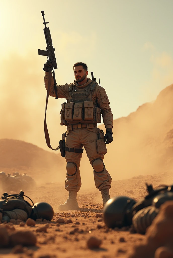 A soldier who won a war carrying a weapon modeled in the desert (Several fallen soldiers around). Let it be video game style.
horizontally.