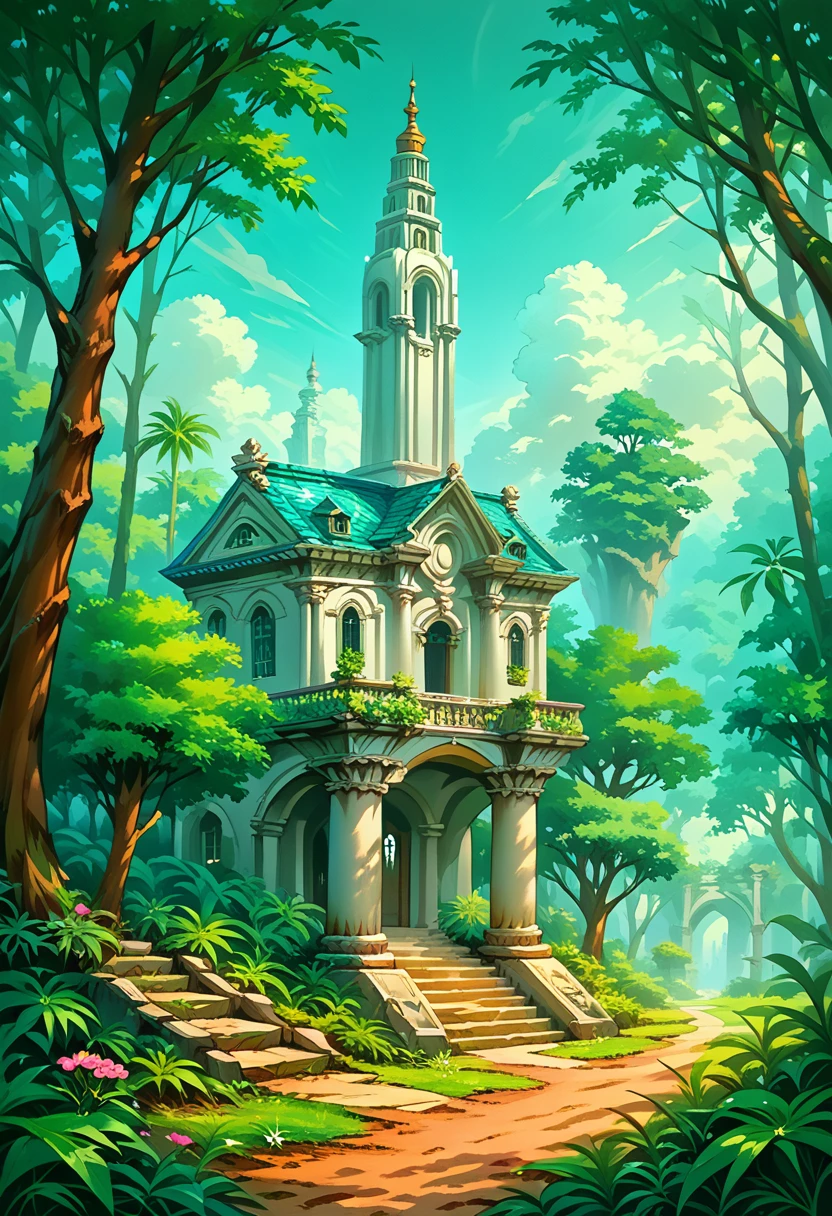 ralph-mcquarrie style, greek architecture done in a sci-fi style on a beautiful forest and meadow scene with tall buildings and open green spaces, oil painting, beautiful, highly detailed