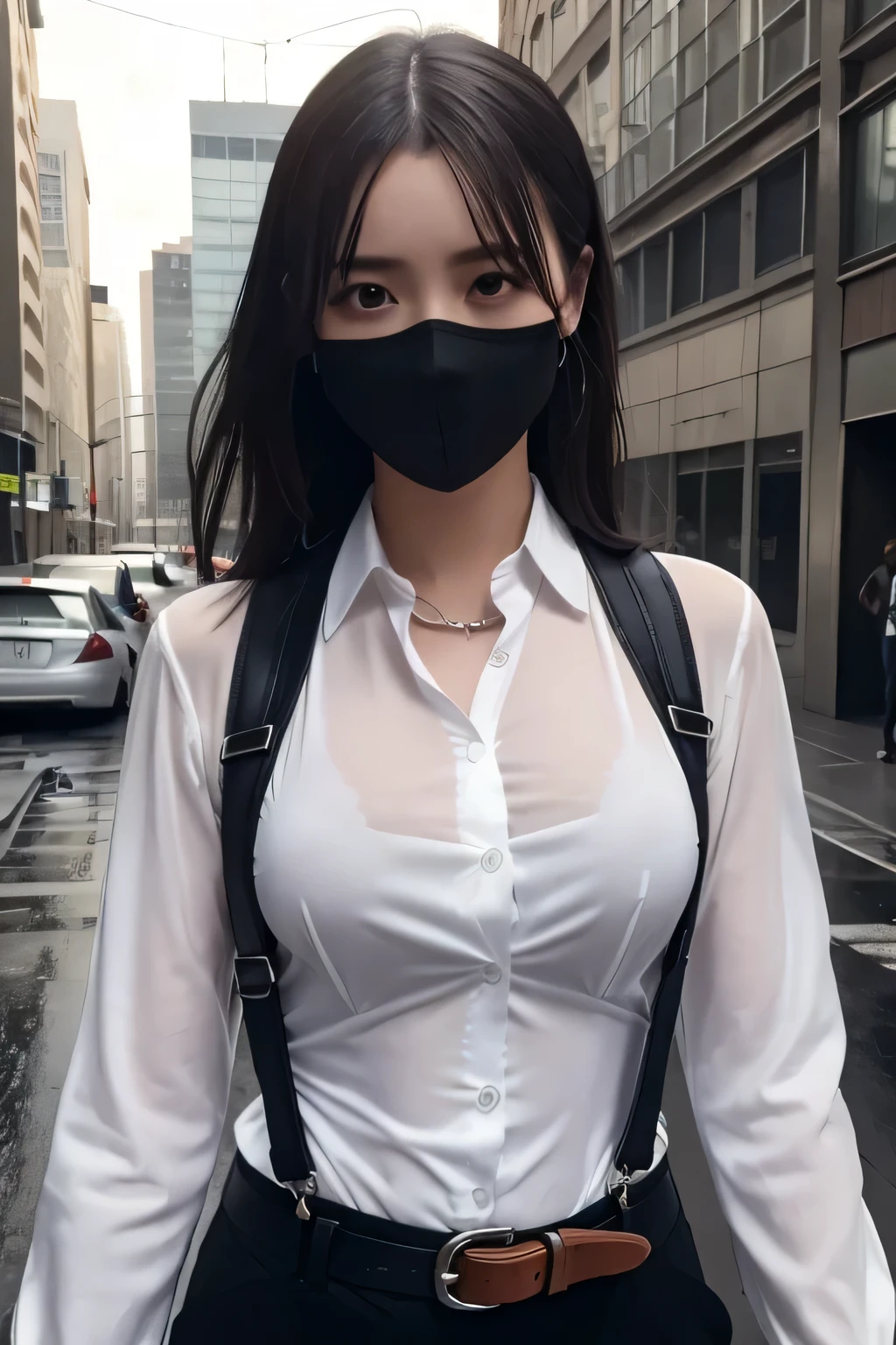 a woman in a suit, belt, hands behind back, sweating, suspenders, black pants, sexly, large breasts, see-through clothing, rain, detective, office worker, white button-up shirt, (best quality,4K,8k,highres,masterpiece:1.2),ultra-detailed,(realistic,photorealistic,photo-realistic:1.37),hyper-detailed,highly detailed face and body, Slender thin suspenders Moderate breasts See-through shirt Nipples holster chain Pistol Armament criminal Female criminal knife black mask