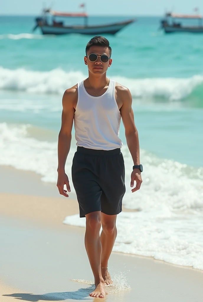 (photorealism) Indonesian man ,small, thin and short body (short) ,hairstyle (slicked back),walking on the beach with waves and boats in the background ,Wearing a white singlet and black shorts,wearing black photochromic glasses