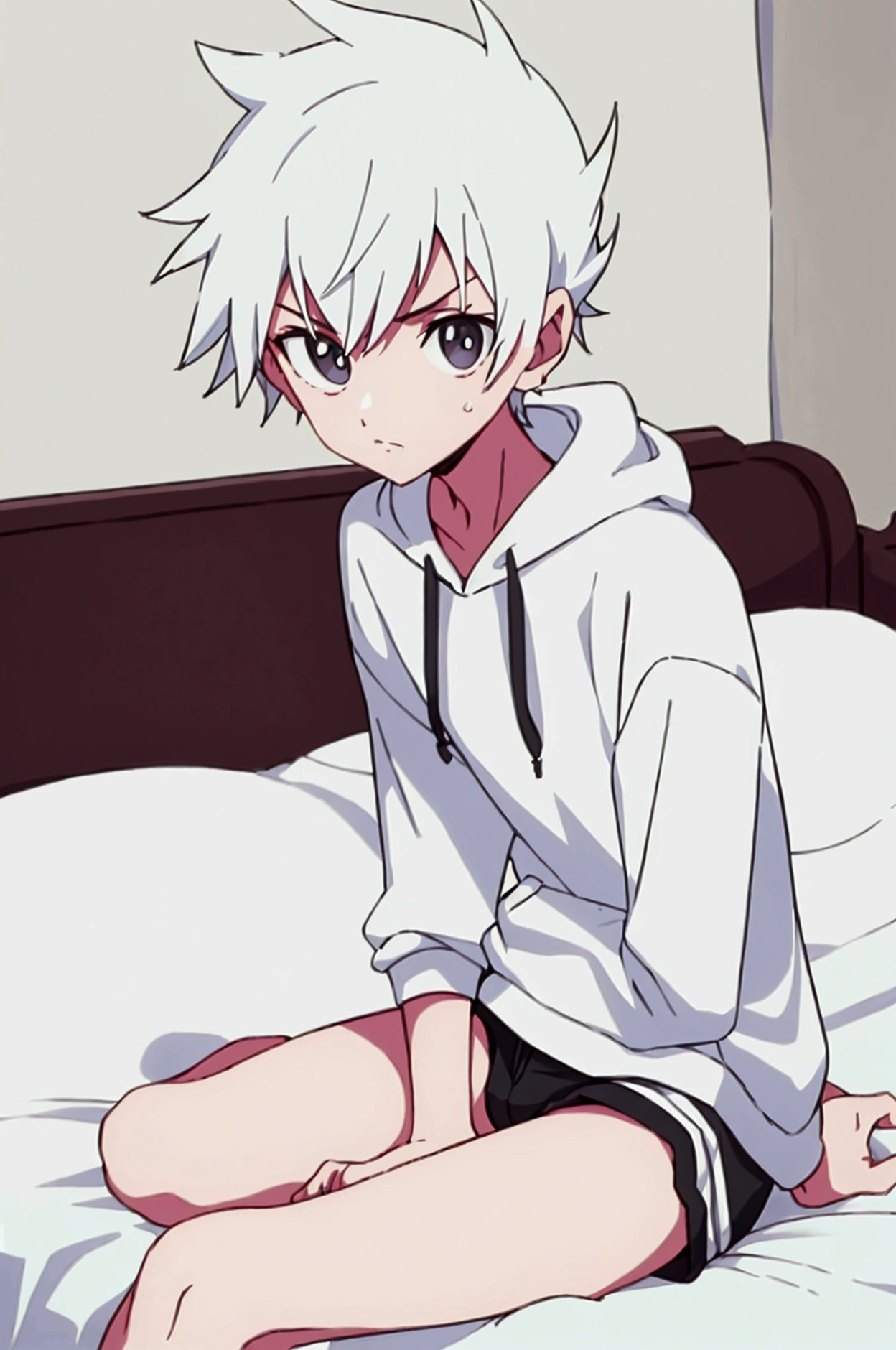 cute boy slim slender fair skinned teenager short white hair sexy legs, black short shorts and a white, loose-fitting hoodie,, He is sitting on a bed