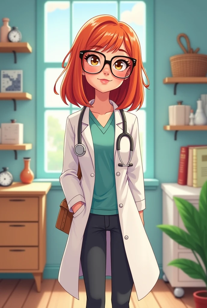 Redhead female cartoon character, white and straight hair, wearing a lab coat and glasses in a doctor&#39;s office 