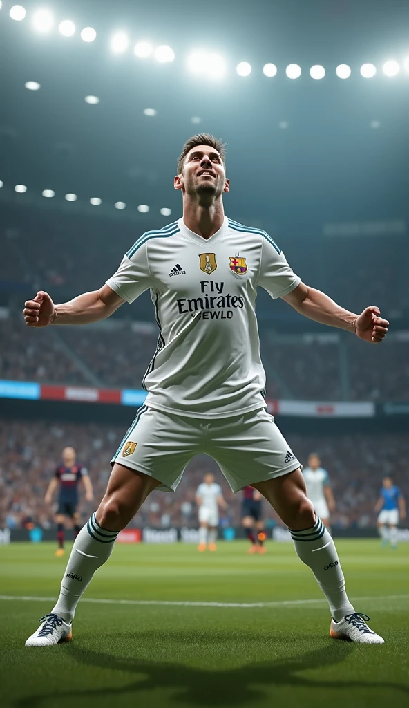 Photorealistic, 64K, A realistic lionel messi [wearing barcelona soccer jersey number 7] standing up celebrating his iconic celebration goal, both his leg opened wide, and also opened wide his arm, in stadium background