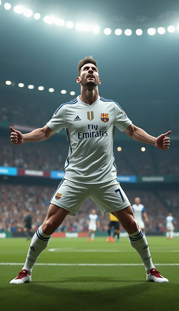 Photorealistic, 64K, A realistic lionel messi [wearing barcelona soccer jersey number 7] standing up celebrating his iconic celebration goal, both his leg opened wide, and also opened wide his arm, in stadium background