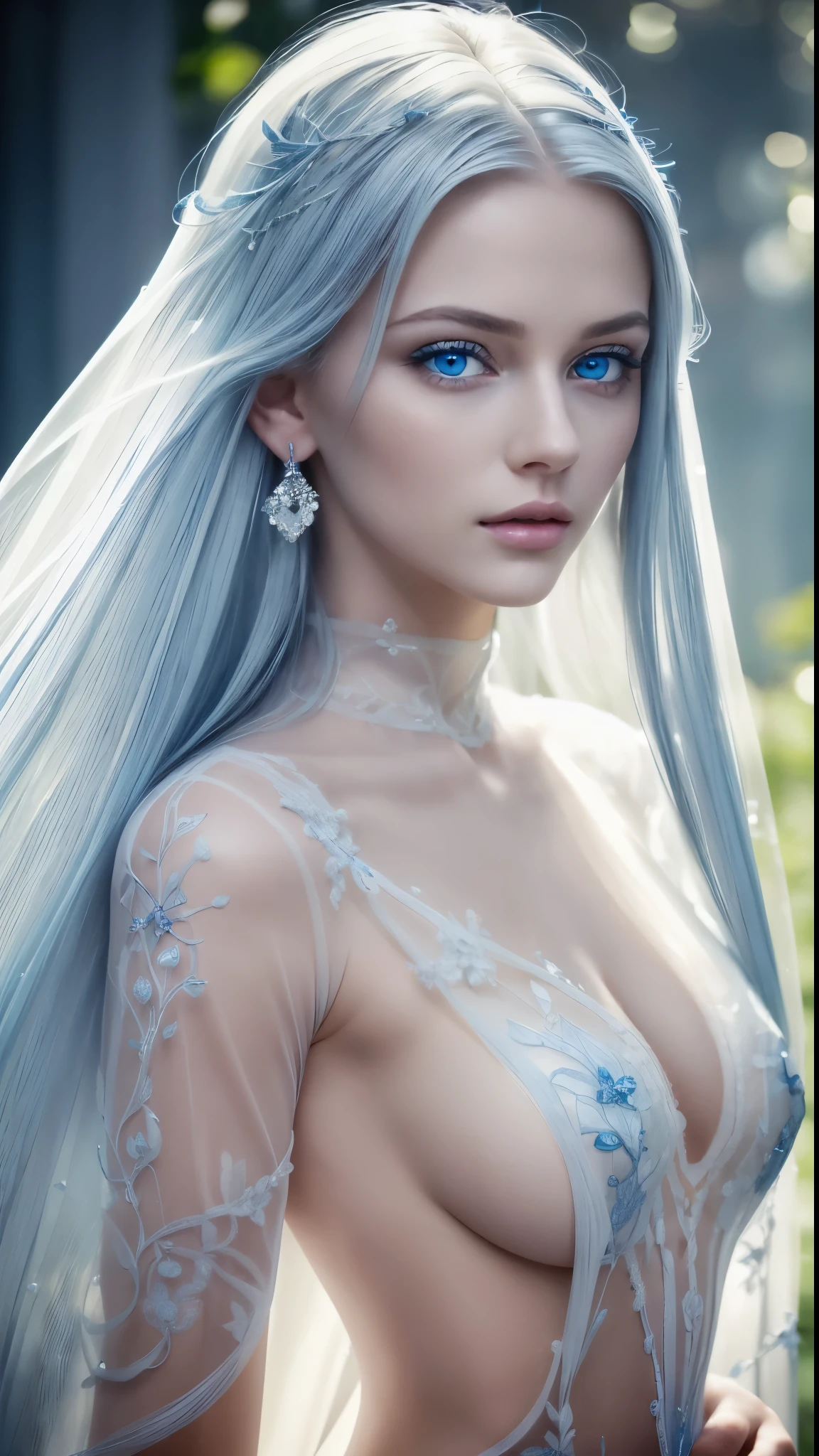 8k full body shot of beautiful white-haired 1 girl, running fingers through her hair with left hand,(intricate, sheer, transparent, translucent,(no clothes:1.2)), intricate, beautifull face, sublime, elegant, side lighting, highly detailed, digital hyperrealistic photography, hyperrealistic photography filigree, shyness, most beautyfull face, (masterpiece, sidelighting, (finely detailed beautifull blue eyes: 1.2)),