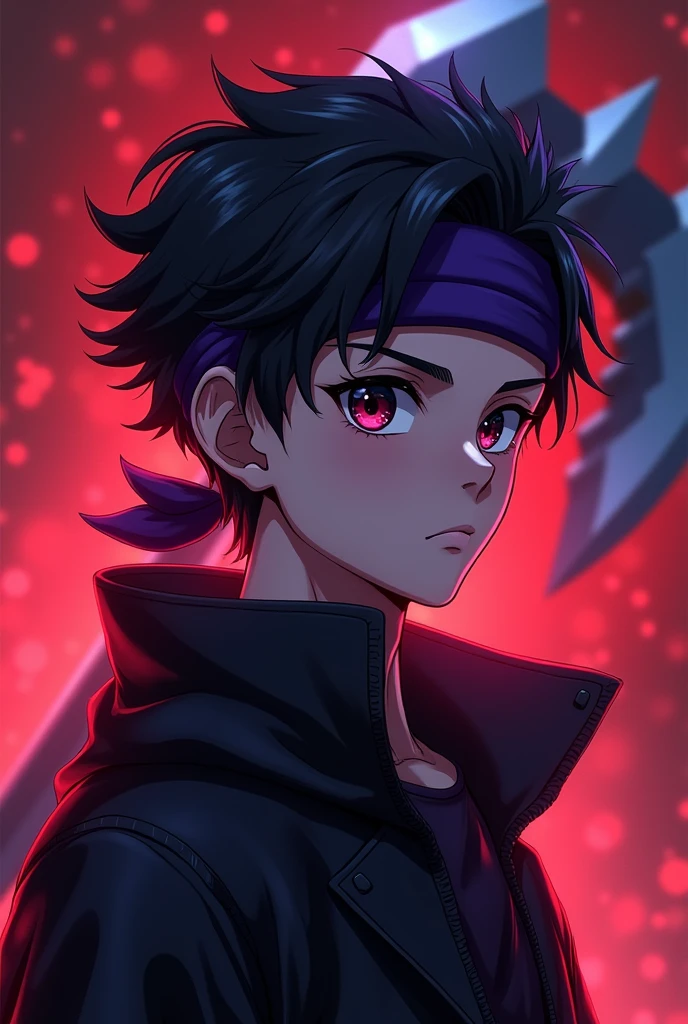 a young anime boy with purple headband, deadly aura, hyperrealistic, detailed face, beautiful eyes, striking expression, dark clothing, mysterious background, cinematic lighting, dramatic shadows, digital painting, concept art style, vibrant colors, moody atmosphere, fantasy theme. age must be like 25 and there must be a minecraft diamond axe in the back also make the background theme red . charecter must not be realistic where is the axe. axe must be visible. it must be aminecraft axe. the diamond minecraft must be visible