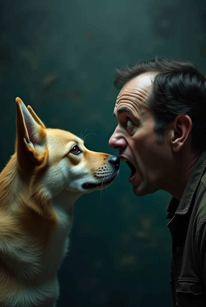 A man on drugs with crazy bulging eyes intently staring into the soul of a dog
