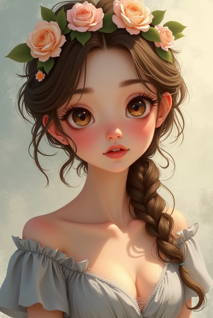 Disney princess girl light brown hair, loose, big brown eyes, grey low cut blouse, flowers on the head, full lips, splattered nose, diamond point face
